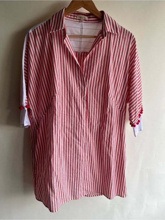 Cotton Bleu Tops - Cotton Bleu Shirt Striped Popover Red White Collared Sz Med Pom Poms